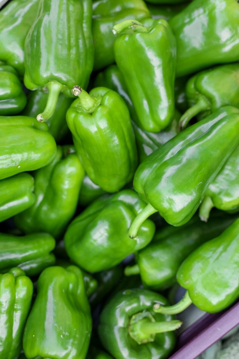 A pile of fresh green bell peppers.